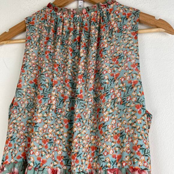 Allison Floral Maxi Dress Size Medium Turquoise Pink Sleeveless Tiered Peasant - Picture 6 of 12